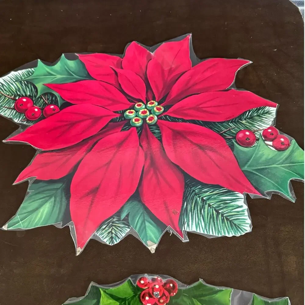 Vintage Christmas Holiday 4 Cut Outs Bell Candy Cane Poinsettia Bird Candle USA